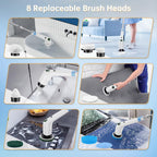 Electric Spin Scrubber, Cordless Shower Scrubber with 8 Scrub Brush, 2 Speed with Adjustable Extension Handle, Battery Level Display, Power Scrubber for Bathroom Bathtub Tile Floor, White