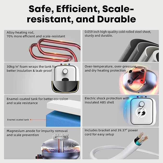 YALICE Electric 2.5 Gallons Tank Water Heater with T&P Relief Valve, Under Sink Instant Hot Water Heaters, 1500W Electric Mini Tank Water Heater Compact Design for RV, Kitchen, Food Truck