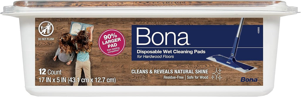 Bona Hardwood Floor Disposable Wet Cleaning Pads - 12 cleaning pads per pack - unscented - Use with Bona Mops - Residue-Free Floor Cleaning Solution for Wood Floors