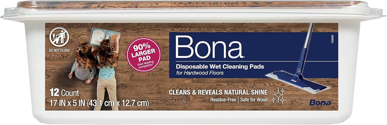 Bona Hardwood Floor Disposable Wet Cleaning Pads - 12 cleaning pads per pack - unscented - Use with Bona Mops - Residue-Free Floor Cleaning Solution for Wood Floors