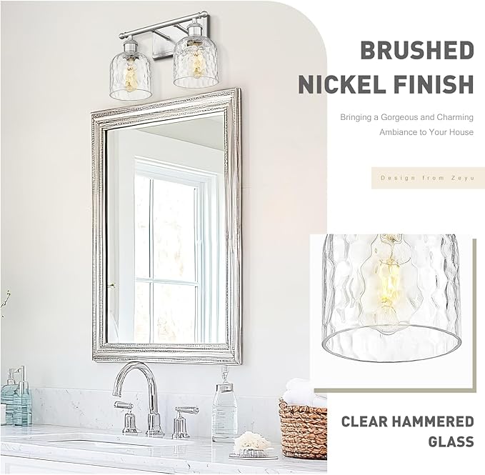 zeyu 14 Inch Modern Vanity Lighting Fixtures, 2 Light Bathroom Vanity Light for Mirror Bedroom, Brushed Nickel Finish with Clear Hammered Glass, ZJF63B-2W BN