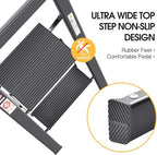 KINGRACK Step Ladder, 2 Steps, Folding Step Ladder with Handrail, Non-Slip Household Ladder with Folding Safety, Aluminium Step Stool, Maximum Load 150 kg, Black