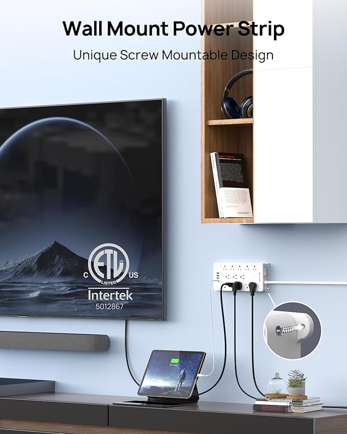 TROND Surge Protector Power Strip 15 ft Cord - Long Extension Cord, 13 Widely-Spaced Outlets Expansion with USB C Ports, 4000 Joules, Flat Plug, Wall Mount, ETL Listed, Office Desk Accessory, White