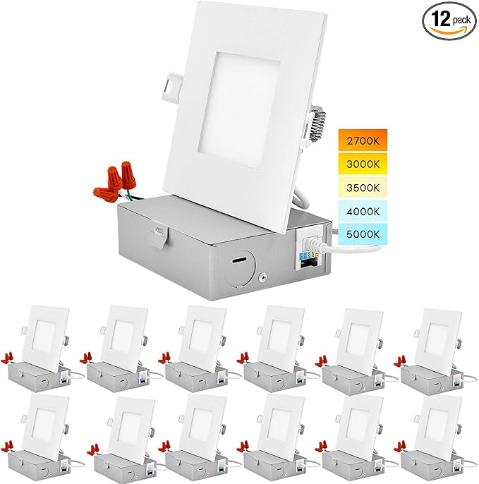 LUXRITE 4 Inch Ultra Thin Square LED Recessed Lighting, 5 Color Temperature Options 2700K - 5000K, Dimmable Downlight, 10W, IC Rated, Wet Rated, Canless LED Recessed Light (12 Pack)