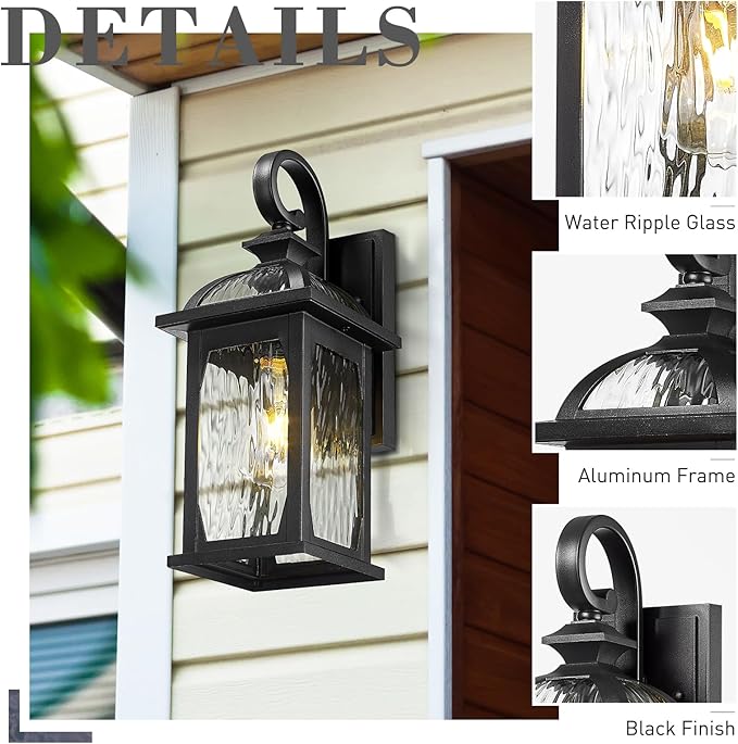 zeyu 2 Pack Outdoor Wall Lamps, 15-inch Black Exterior Light Fixtures for Patio House, Die-Cast Aluminum with Water Ripple Glass, Black Finish, ZD100B-2PK BK-WP