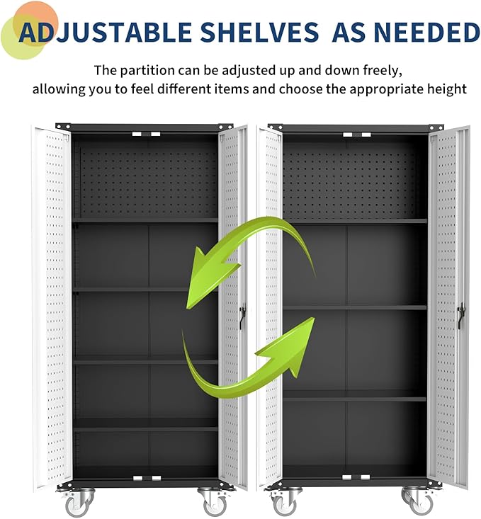 GarveeHome 72 in Steel Rolling Tool Cabinet with Lock | Heavy-Duty Garage Storage w/ 4 Adjustable Shelves & Pegboard | Industrial Organizer for Workshop Home