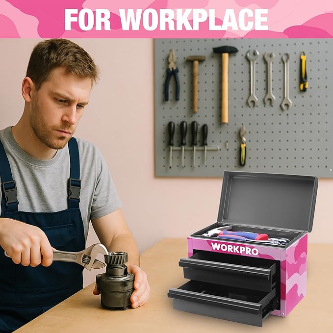 WORKPRO Metal Mini Tool Box, Top Tool Chest containing Two Drawers with Ball Bearing Slides, PVC Drawer Liners and PP Feet Pads, Cold Rolled Steel Small Toolbox for Multi-Purpose Storage - Pink Ribbon
