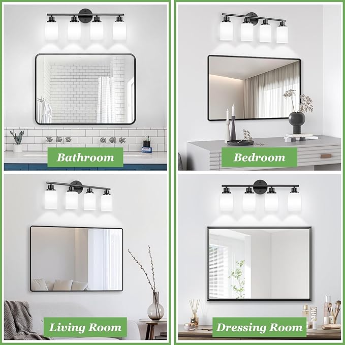 4-Light Bathroom Light Fixtures, Black Vanity Lights for Mirror with Textured Milky White Glass Shade, Modern Kitchen Light Fixtures Wall Sconce Light - E26 Base