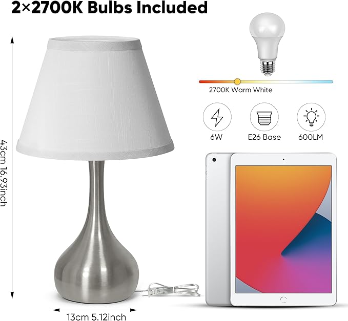 Touch Table Lamp for Bedroom Set of 2, 3-Way Dimmable Bedside Lamp for Nightstand, 17” Modern Metal Desk Lamp with Linen Shade for Living Room, Kids Reading, Dorm, Home Office Decor, Bulb Included
