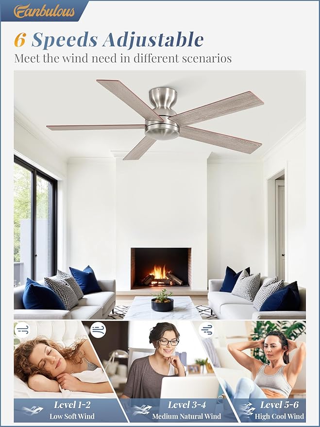48 Inch Flush Mount Ceiling Fans without Lights, Brushed Nickel Modern Ceiling Fan no Lights, 6-Speeds, Quiet Reversible DC Motor, Indoor/Outdoor Ceiling Fans for Patios, Living Room, Bedroom