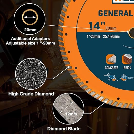 14 Inch Diamond Cutting Blade, Turbo Rim for Angle Grinder Circular Saw Cutter Wheel Dry Wet for Masonry/Concrete/Brick/Stone, 1"-20mm Arbor