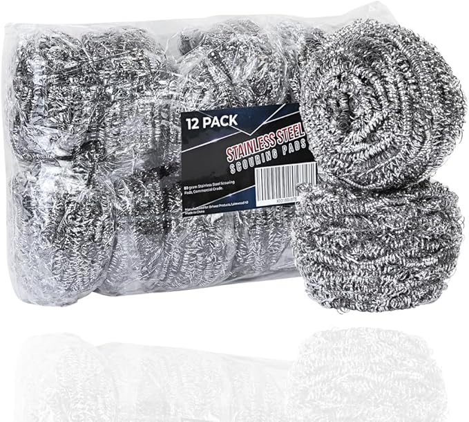 Brheez Stainless Steel Cleaner Scouring Pads [12 Pack] - Industrial & Commercial Strength Large Cleaning Supplies Dish Sponge - Individually Wrapped 80 Gram
