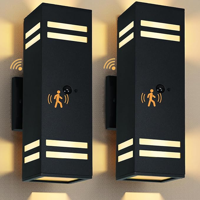 Motion Sensor Outdoor Wall Lights with Dusk to Dawn, E26 Dimmable LED Bulbs Included, Black Aluminum Up & Down Waterproof Porch, Patio, Garage, Garden, Front Door, ETL Listed 2 Pack