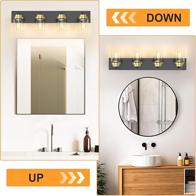 IZORRO Bathroom Vanity Light Fixture, 4-Light 27.5 Inch Black and Gold Bathroom Light Fixtures Over Mirror, with Clear Glass Shade, Modern Farmhouse Vanity Lights, Rustic Restroom Lighting Fixtures