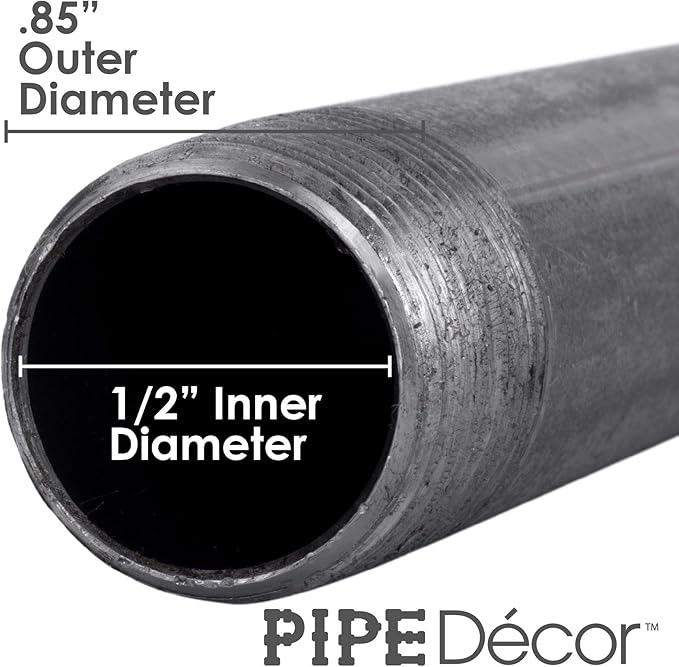 PIPE DÉCOR 1/2” x 48” Malleable Cast Iron Pipe Nipple, Pre Cut Connectors, Industrial Steel Grey Fits Standard Half Inch Black Threaded Pipes Nipples and Fittings, Build Vintage DIY Furniture, 4 Pack