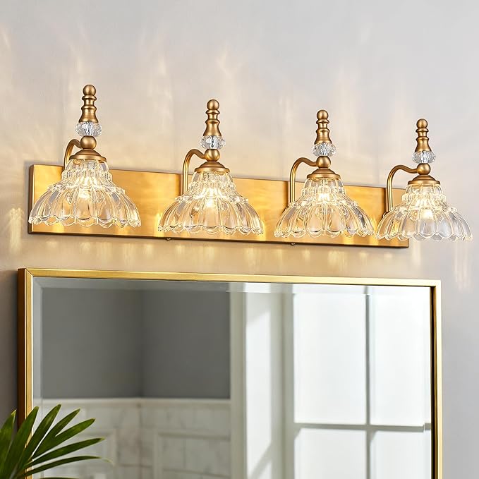 Vintage Bathroom Vanity Light, 4-Light Brass Vanity Lighting Fixture with Flower Glass Shade, Bathroom Lighting Fixtures Over Mirror