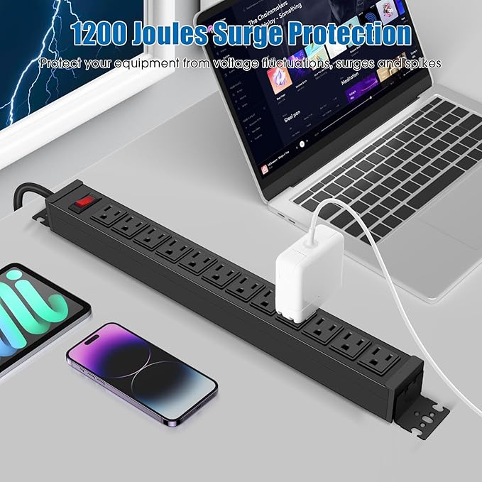 HHSOET Rotating Mountable Power Strip, 12 Outlet Wall Mount Surge Protector, Metal Heavy Duty and Versatile Outlet Strip, Stylish Appearance, Sturdy and Durable, 50ft Power Cord.(Black)