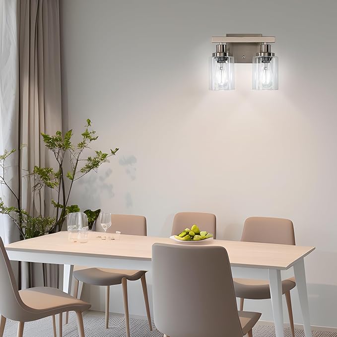 Bathroom Vanity Light, 2-Light Nickel Modern Matte Wall Sconce Lighting with Clear Glass Shade, Wall Lights,Bath Vintage Wall Mounted Lamps for Mirror Bedroom Living Room