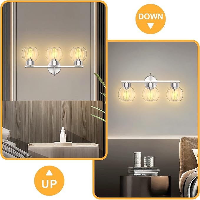 EAPUDUN 3 Light Bathroom Vanity Light, Brushed Nickel Bathroom Light Fixtures with Clear Glass Shade Wall Sconce, Porch Wall Lamp for Mirror, WLA1435-BNK