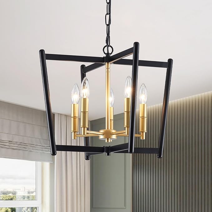 Black Gold Chandelier Light Fixture, Geometric Modern Farmhouse Pendant Light for Dining Living Room Entryway Kitchen Island Bedroom Chandelier, 5 Lights Metal Hanging Ceiling Light, 20 Inch