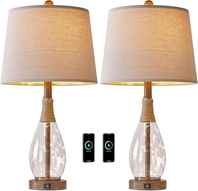 OYEARS 23" USB A+C Table Lamp Set of 2 Modern Bedside Lamps Retro Farmhouse Rattan Glass Nightstand Nightlight Lamps for Bedroom Living Room Dorm,Two Light Points
