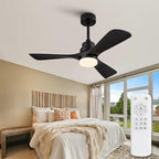 42 Inch Black Ceiling Fans with Lights and Remote Control,Dimmable LED Light,3 Wood Blades,Memory Function,Reversible DC Motor,Modern Indoor Outdoor Ceiling Fan for Bedroom Patios Office