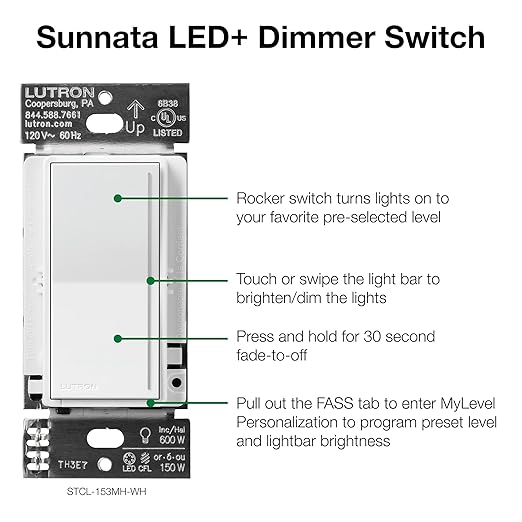 Lutron Sunnata Touch Dimmer Switch with LED+ Advanced Technology for LED and Incandescent, 3 Way/Multi Location, STCL-153MS-WH, White (6 Pack)