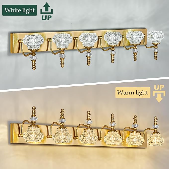Modern Glass Crystal Vanity Light - Vintage Bathroom Lighting Fixtures Over Mirror 6 Light Vanity Lights G9 Bulb (43.3 Inch, Gold)