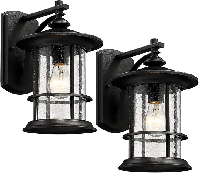 MICSIU Textured Black Outdoor Wall Light 2 Pack, Clear Seedy Glass Large Exterior Porch Wall Lantern, H12.5 Inch Exterior Lights for House, Front Porch, Patio, Backyard.