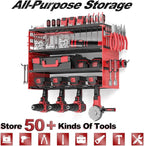 Power Tool Organizer Wall Mount, 4 Layers Tool Storage Rack with 2 Side Red Pegboards, 4 Drill Bit Rack,Heavy Duty Metal Garage Tool Shelf Organize for Workshop Garage Tool Room