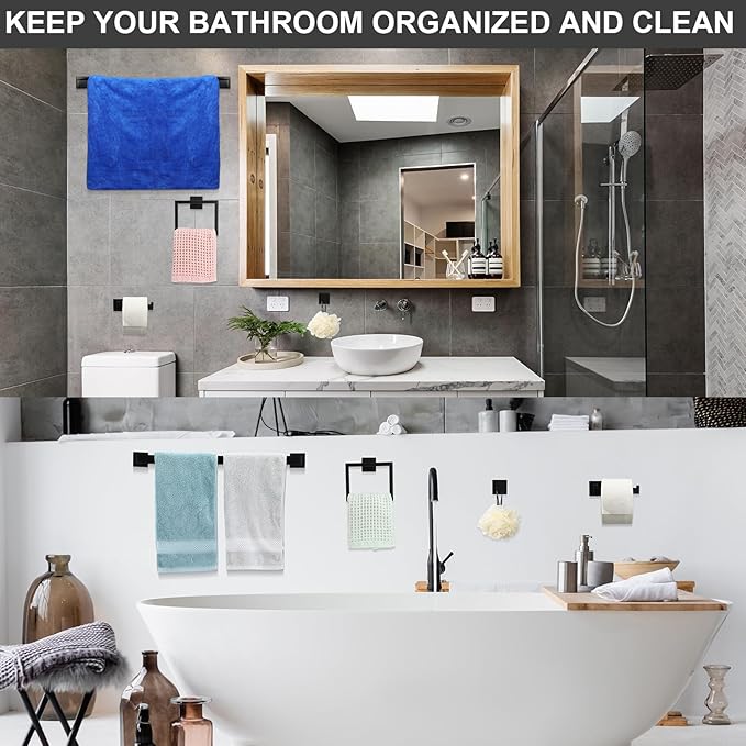 Gisafai 30 Pcs Bathroom Hardware Accessories Set 23.6 Inch Bath Towel Bar Kit Stainless Steel Bathroom Hardware Set Towel Racks Ring Hooks Paper Holder for Wall Mounted (Black)