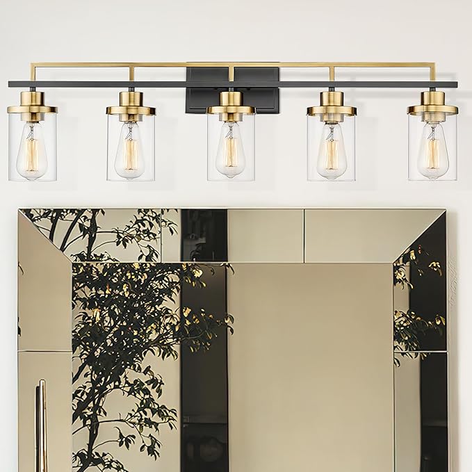 Emliviar 36 Inch 5-Light Bathroom Light Fixtures with Clear Glass Shade, Modern Vanity Lights Over Mirror for Bathroom, Bedroom, Hallway, Black and Gold Finish, YCE238B-5W BK+BG