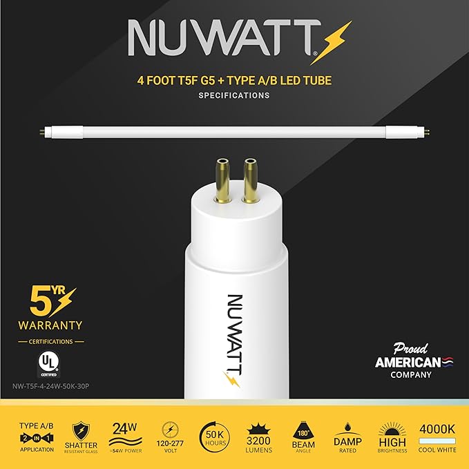 NUWATT 30 Pack, 4FT T5 LED Tube Lights, Type A&B, Hybrid T5 Bulbs 4000K Cool White, High Output 3200LM, 24W, Plug & Play or Ballast Bypass, Dual-Ended Power, Fluorescent Tube Replacement, UL, G5 Base