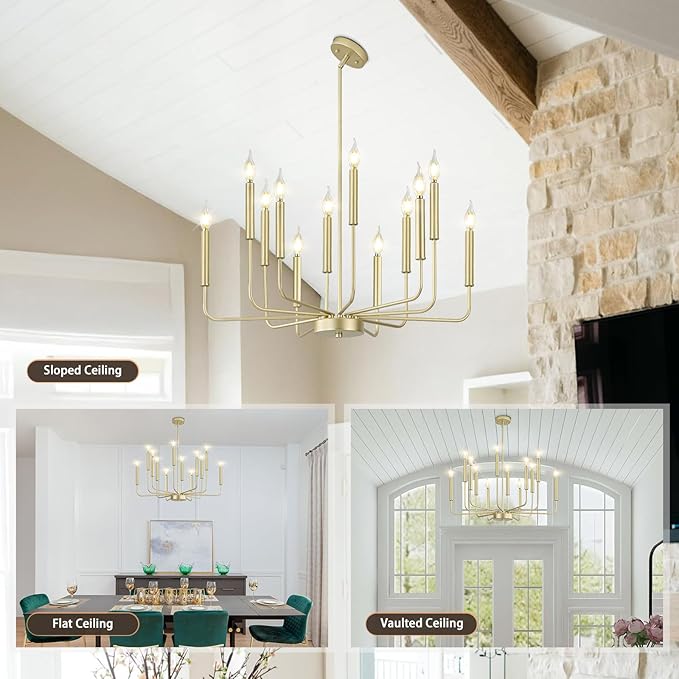 Qamra Modern Farmhouse Gold Chandelier for Dining Room, 12-Light Rustic Candle Chandelier Light Fixture, Industrial Hanging Chandeliers Lighting for Living Room, Kitchen, Staircase, Entryway, Foyer