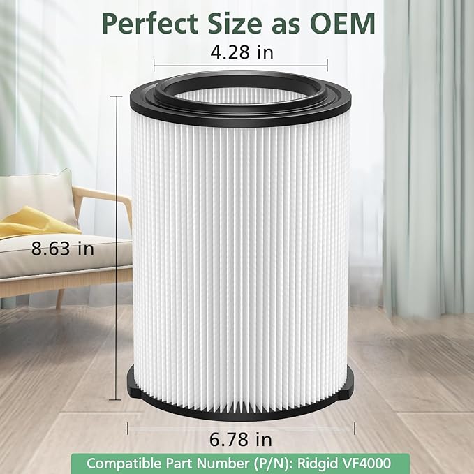 2 Pack VF4000 Replacement Filter for RIDGID, Standard Wet/Dry Vac Filter Vf4000 Compatible with RIDGID Vacs Wet Dry 5-20 Gal, 6-9 Gal Husky Vacuum & CRAFTSMAN Shop Vacuum 17816 9-17816