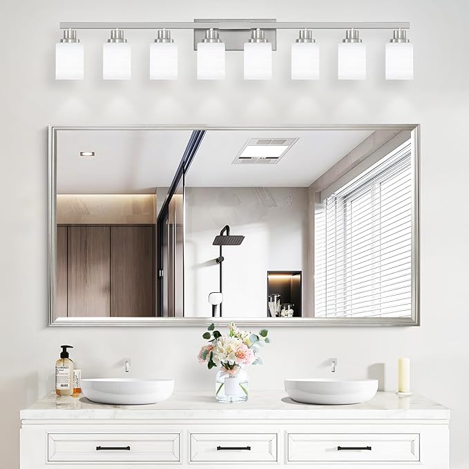 8-Light Bathroom Light Fixtures, 52inch Nickel Vanity Light with Milky White Glass Shade, Modern Bathroom Wall Lights Over Mirror, Farmhouse Wall Sconces Lighting for Bedroom Living Room
