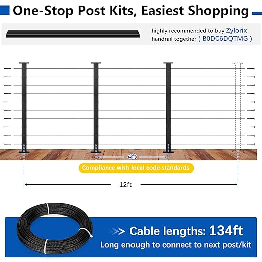 36" Expandable 8-12FT Black T304 Cable Railing Post Kit, Complete Cable Railing System with 3 Level Posts & 134ft 1/8" Wire Rope(No Handrail), Adjustable Length Easy DIY for Decks/Porch