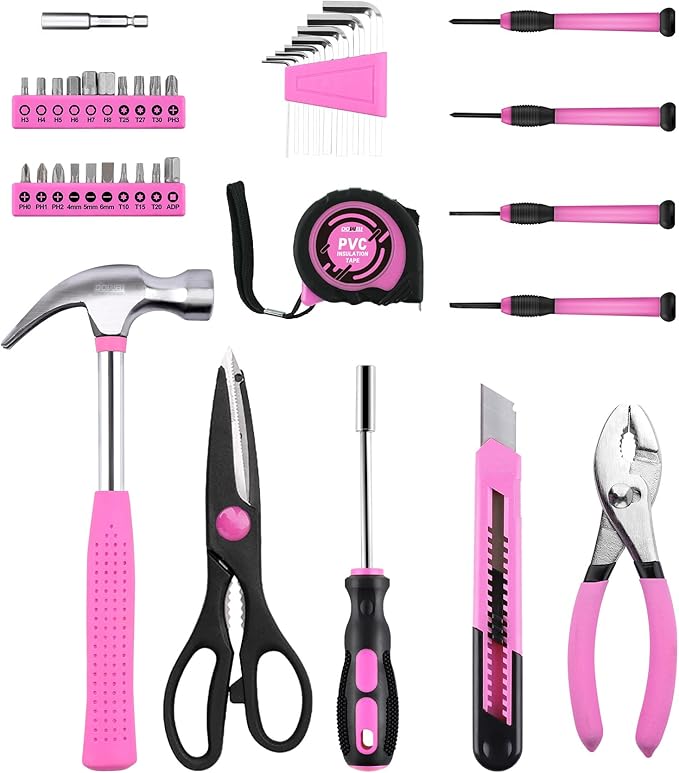 DOWELL 40 Pieces Home Tool Set Pink, General Household Hand Tool Kit with Plastic Toolbox Storage Case, Mini Repair Tool kit for Women, College Students, Home Use & More