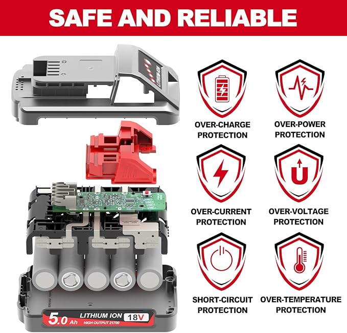 2 Packs 5.0Ah 18V Extended Capacity Battery Replacement for Milwaukee M18 Battery Lithium lon 48-11-1850,48-11-1852, Compatible with Milwaukee M18 Cordless Power Tools
