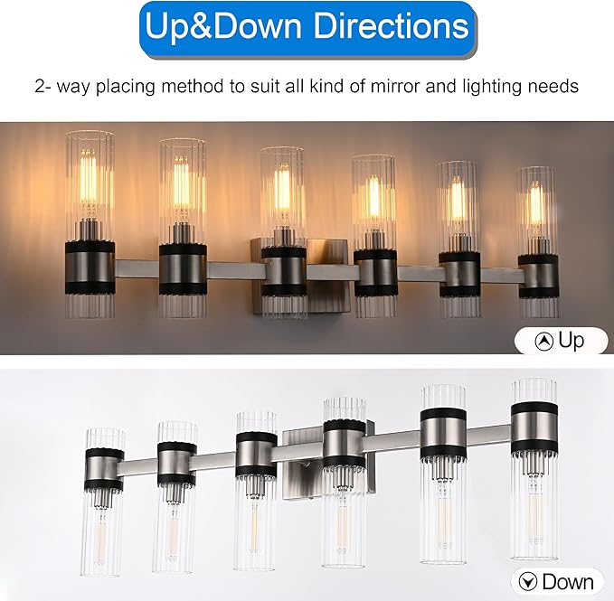 MELUCEE 6 Light Black Vanity Lighting Fixture with Ribbed Clear Glass Shade, Vanity Bathroom Light Fixture Over Mirror Industrial Wall Mounted Sconces Lighting, E12 Base