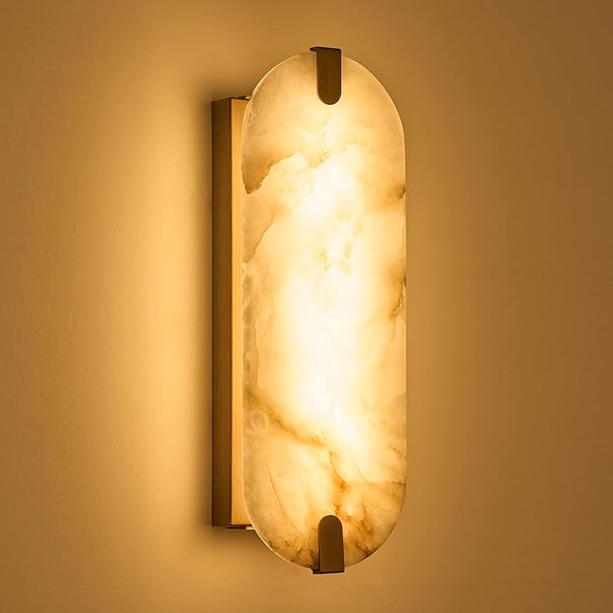 ZEROUNO Alabaster Wall Sconces, 14.2 inch Natural Marble Wall lamp,Dimmable Alabaster Wall Light Fixtures for Stairs Bathroom Living Room Bedroom or Vanity,Hallway（Brushed Bronze