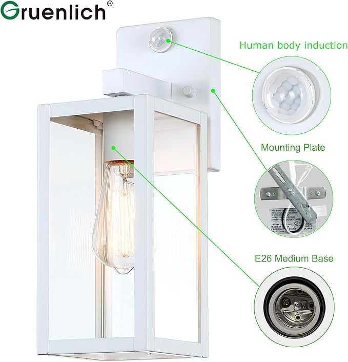 GRUENLICH Dusk to Dawn Large Outdoor Wall Lantern, PIR Motion Sensor Wall Sconce, E26 Base Max 60W, Metal Housing Plus Glass, White Finish, Bulb Not Included, 1-Pack