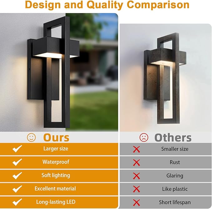 LamQee Outdoor Wall Lights Modern Exterior Lighting Fixtures, 3000K Integrated LED Outdoor Wall Sconce Lighting 2 Packs, Matte Black Outside Wall Mount Lights for House Front Door Porch Garage Patio