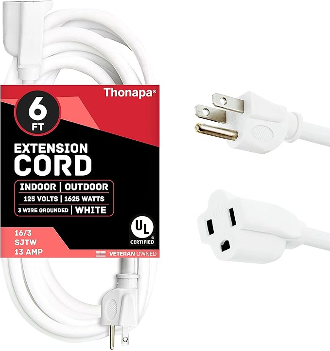 6 Ft Outdoor & Indoor Extension Cord - 16/3 SJTW Weatherproof Water Resistant White Electrical Cable with 3 Prong Grounded Plug - Great for Home Office