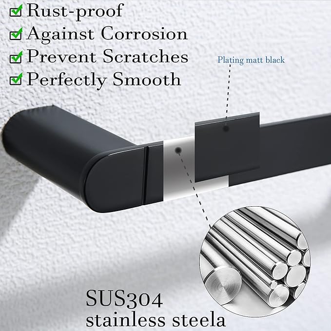 RANDOM 12 inch Matte Black Towel Bar Bathroom Hardware Accessories Modern Hand Towel Holder for Bathroom Kitchen SUS 304 Stainless Steel Towel Rack Contemporary Style Wall-Mounted.96026-2-12MB