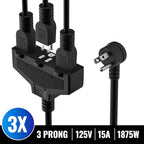 Outdoor Extension Cord 2 Ft with 3 Outlets, 14/3 SJTW 3 Prong Grounded Power Cord, 14 Gauge 14AWG Heavy Duty Power Cable, ETL Listed, 15 Amp 125 V 1875 W-Multiple Outlets for Indoor/Outdoor-Black