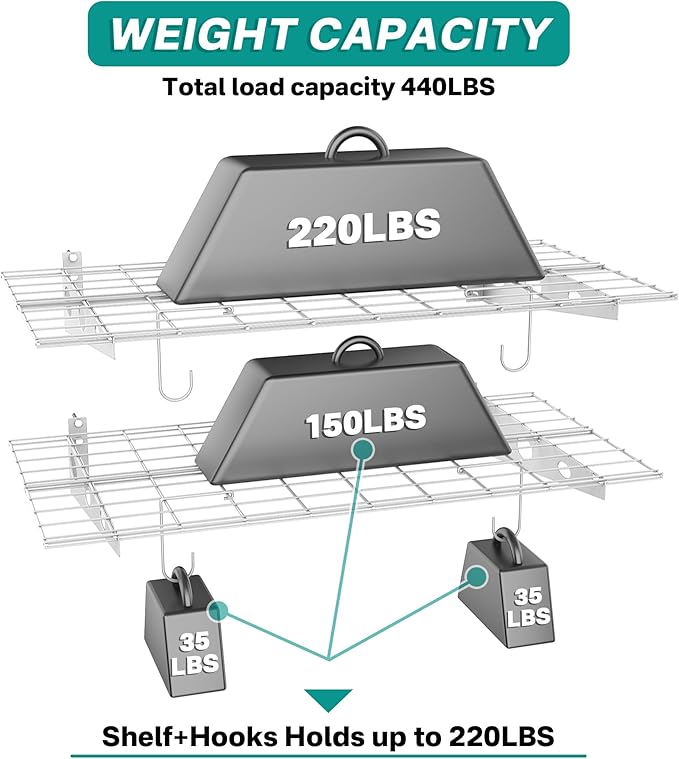 EVERHANGER Wall Mounted Garage Shelves, 2 x 4 ft Metal Storage Shelves, Heavy Duty Wall Shelving with Hooks, Holds Up to 220 Lbs, White
