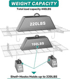 EVERHANGER Wall Mounted Garage Shelves, 2 x 4 ft Metal Storage Shelves, Heavy Duty Wall Shelving with Hooks, Holds Up to 220 Lbs, White