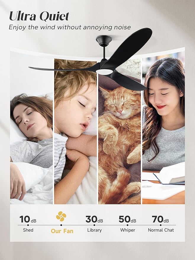 60 inch Outdoor Ceiling Fan for Patios with Light, Black Ceiling Fan with Light, Large Airflow 3 Reversible Solid Wood Blades, DC Motor, Damp Rated Ceiling Fans for Famhouse Exterior Porch