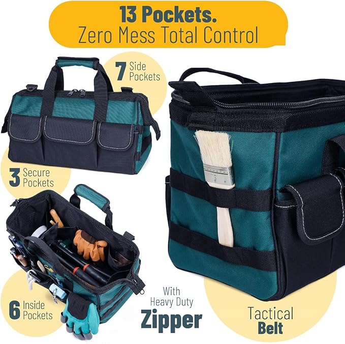 Garden Tool Bag Organizer – 13 Pocket Heavy-Duty Gardening Tote with 7 Outer & 6 Inner Compartments, Anti-Slip Base, Adjustable Shoulder Strap & Belt – Garden Organizers and Storage (Green)